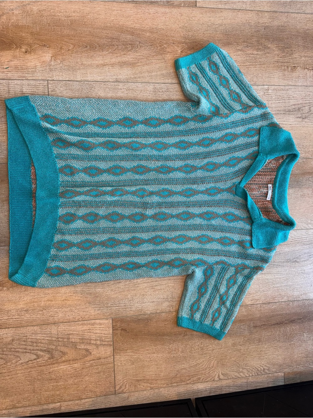 Zara Men’s Teal & Taupe Short-Sleeve Polo Sweater